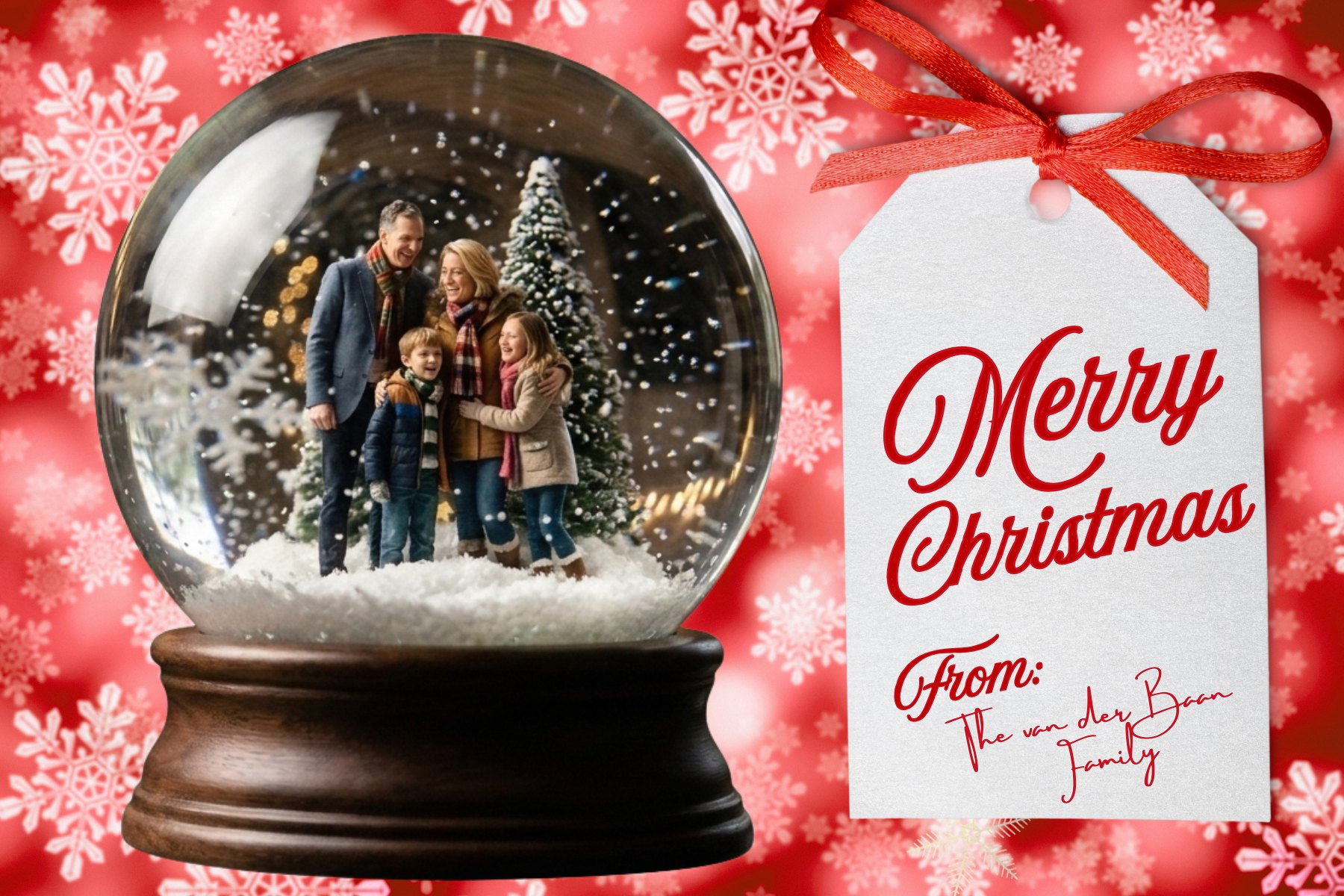 A SnapACard Christmas card: a family photographed inside a snow globe beside a gift tag reading Merry Christmas